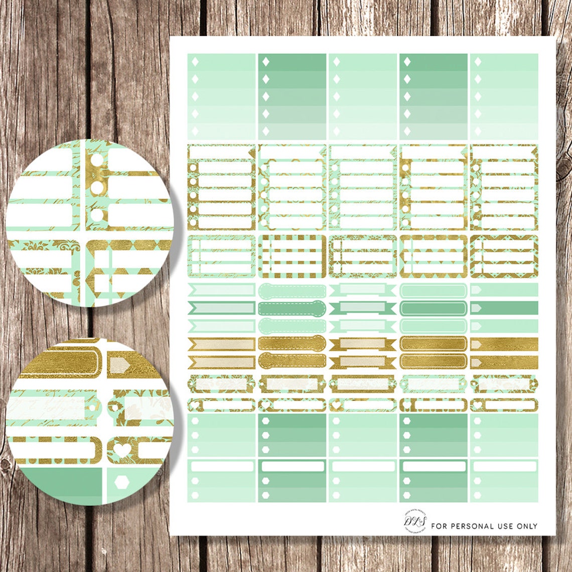 VERTICAL Planner Stickers for Erin Condren Planner Mint Gold Weekly ...