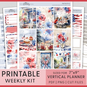 4 luglio adesivi per planner stampabili, adesivi patriottici, kit di adesivi settimanali verticali, adesivi di Erin Condren, giorno dell’indipendenza, VS260