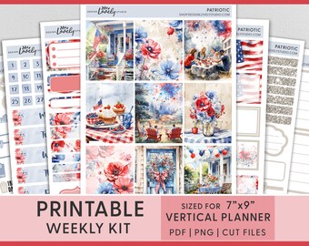 4th of July Printable Planner Stickers, Patriotic Stickers, Vertical Weekly Sticker Kit, Erin Condren Stickers, Independence Day, VS260