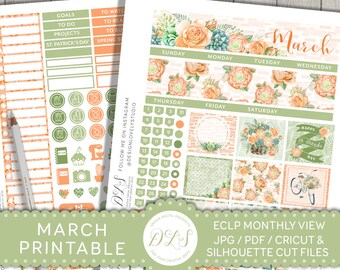 March Monthly Stickers Kit, March Monthly View for Erin Condren, St. Patrick's Day Planner, Spring Planner, Printable Stickers,  MV121