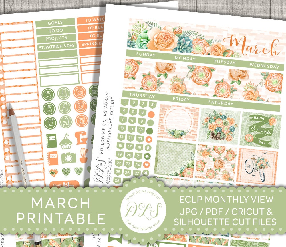 March Monthly Stickers Kit, March Monthly View for Erin Condren, St ...