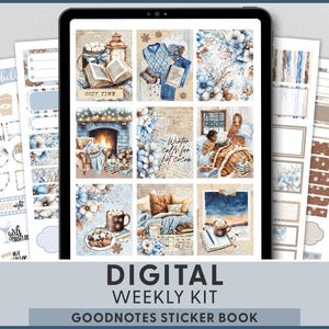 May include: Digital weekly kit for GoodNotes, with a cosy winter theme. The kit includes stickers with illustrations of books, mugs, and a fireplace, in shades of blue, brown, and white. The text "COZY TIME" and "Winter calls for hot cocoa" are visible.