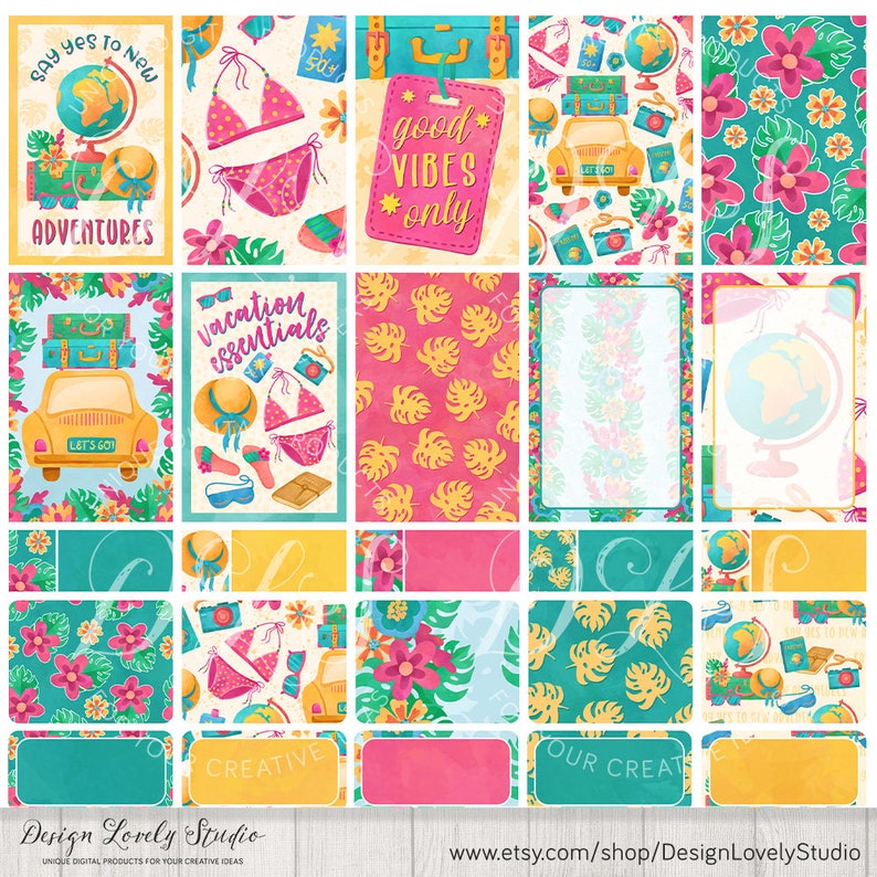 May include: A set of 16 digital planner stickers featuring a tropical vacation theme. The stickers include images of suitcases, palm trees, flowers, a globe, a car, and text that says "Say yes to new adventures", "Vacation essentials", "Good vibes only", and "Let's go".
