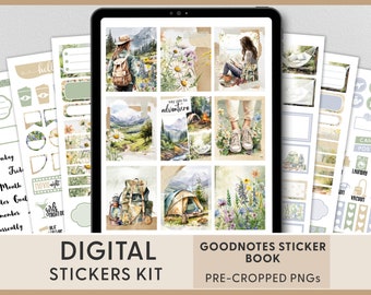 Summer Digital Planner Stickers, Goodnotes Stickers, Pre-cropped Stickers, Ipad Stickers, Hiking, Camping, Nature, Mountains, DG156