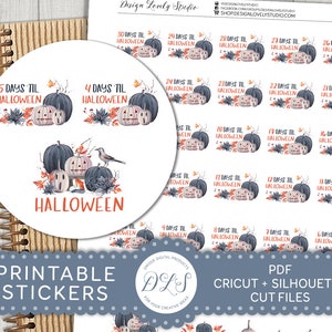 May include: Printable Halloween countdown stickers featuring a watercolor illustration of pumpkins, leaves, and a bird. The stickers are numbered from 30 days to 1 day until Halloween. The text "HALLOWEEN" is written in red on the sticker with the number 5.
