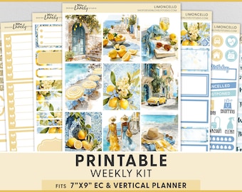 Adesivi stampabili con limoni per agenda, kit di adesivi settimanali per agenda verticale Erin Condren, kit settimanale estivo, tema agrumi, spiaggia e mediterraneo, VS302