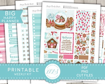 May include: Printable weekly planner kit with a winter gingerbread theme. The kit includes a weekly planner page, a daily planner page, and several decorative stickers. The stickers feature gingerbread houses, snowmen, candy canes, and other wintery elements. The colors are blue, pink, brown, and white.