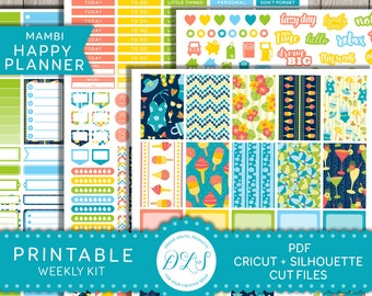 Strand-Sticker, Sommer-Sticker, druckbare glücklich Planner, Mambi wöchentliche Kit, Juni Sticker, Juli wöchentlich Kit, HP124