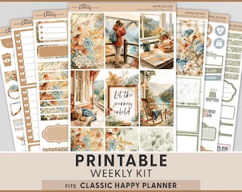 Fall Mountain Printable Planner Stickers, Happy Planner Classic Weekly Kit, Hiking Adventure, Cozy Cabin,HP306