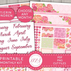 Printable Monthly Planner Stickers Kit, Pink Floral Planner Stickers, Spring Planner Stickers, fits Erin Condren Life Planner, ECE122
