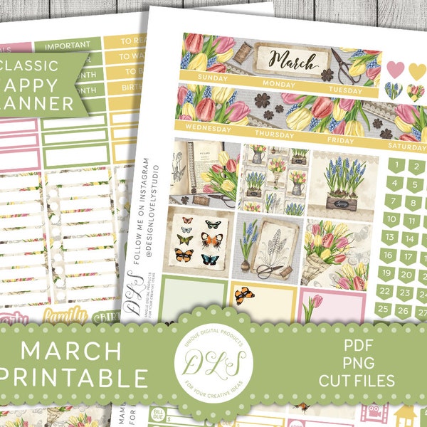 Happy Planner März Monthly Kit, Happy Planner März druckbare, Frühling Planner Aufkleber, Tulpen Planner Sticker, geschnitten Dateien, HPMV156