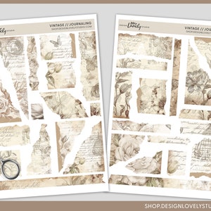 May include: A set of 16 vintage-style printable journal cards featuring torn edges, floral designs, and handwritten text. The cards are perfect for adding a touch of vintage charm to your journals, planners, or scrapbooks.