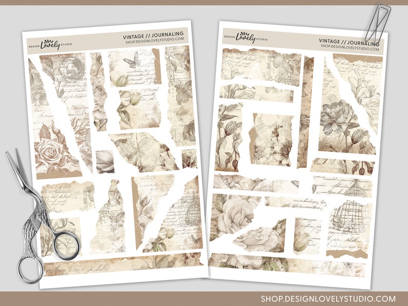 May include: A set of 16 vintage-style printable journal cards featuring torn edges, floral designs, and handwritten text. The cards are perfect for adding a touch of vintage charm to your journals, planners, or scrapbooks.