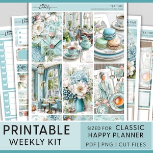 Glamour Tea Time Weekly Kit – Printable Stickers for Happy Planner, Parisian Macarons, Chic Fashion, Café Theme, Blush & Blue Pastel, HP282