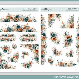 May include: Two sheets of floral deco stickers with watercolor-style flower arrangements in teal, orange, and cream. The sheets include borders, corners, and individual floral clusters. The text "MOOD // FLORAL DECO" and shop address are visible.