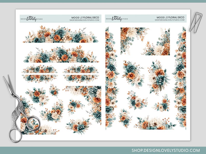 May include: Two sheets of floral deco stickers with watercolor-style flower arrangements in teal, orange, and cream. The sheets include borders, corners, and individual floral clusters. The text "MOOD // FLORAL DECO" and shop address are visible.