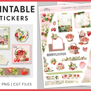 May include: Printable stickers featuring a strawberry theme. The stickers include images of strawberries, baskets of strawberries, a red truck, and a vintage postcard. The stickers are perfect for adding a touch of whimsy to your planner, journal, or scrapbook.