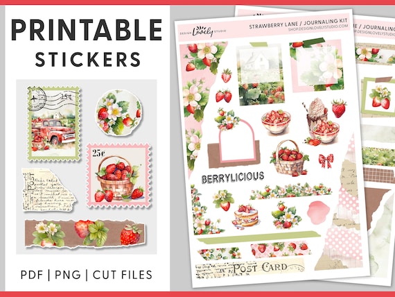 Printable Journaling Sticker Kit, Strawberry Journaling Stickers, Summer Stickers for Journaling, Planner Stickers, PDF Stickers, JS102