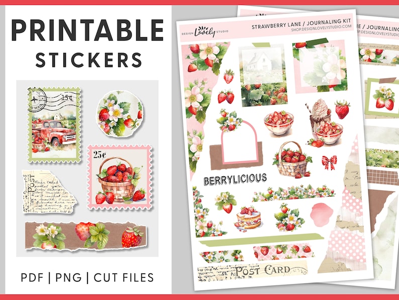 May include: Printable stickers featuring a strawberry theme. The stickers include images of strawberries, baskets of strawberries, a red truck, and a vintage postcard. The stickers are perfect for adding a touch of whimsy to your planner, journal, or scrapbook.