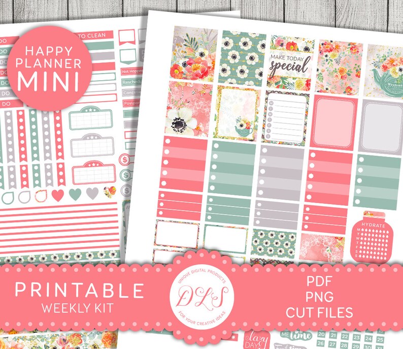 May include: Printable planner stickers with a floral theme. The stickers are in pink, green, and white with floral patterns and text that says "Happy Planner Mini", "Make Today Special", and "Hydrate".