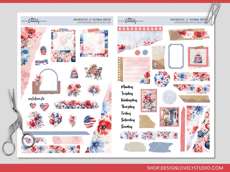Patriotic Journaling Sticker Kit, 4th of July, Deco Stickers, Planner ...