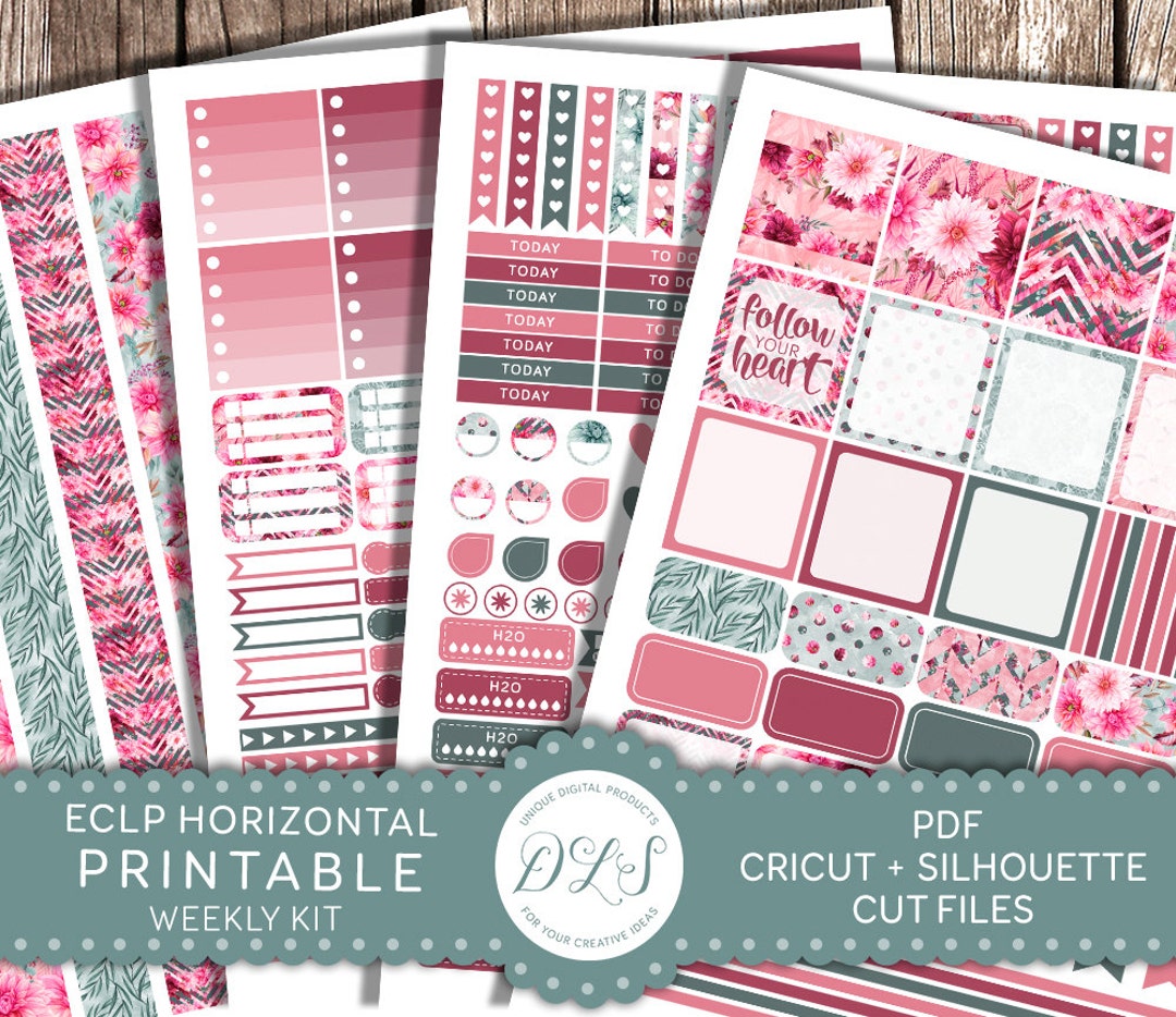 Printable Stickers Kit Fits ECLP HORIZONTAL Weekly Kit Romantic Flowers ...