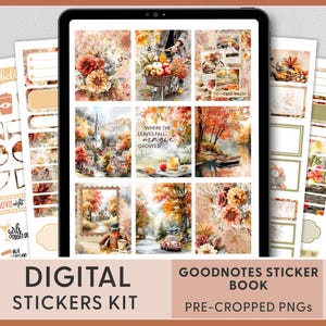 May include: Digital sticker kit for GoodNotes with pre-cropped PNGs. The image features a tablet displaying various fall-themed digital stickers, including floral arrangements, landscapes, and decorative elements. Text includes "Digital Stickers Kit" and "GoodNotes Sticker Book".