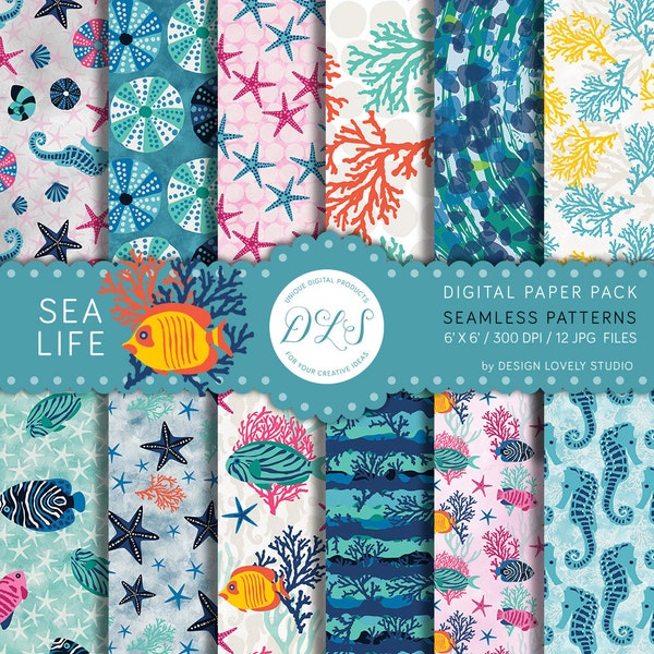 Digital Paper Pack: "Sea Life" Sea Animals Papers Fish Seahorse Nautical Papers Blue Turquoise Pink Ocean Digital Seamless Pattern DP107