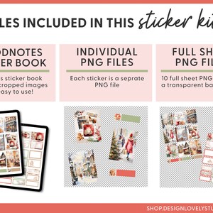 May include: Digital sticker kit with three file types: GoodNotes sticker book, individual PNG files, and full sheet PNG files. The sticker book includes 10 pages with pre-cropped images. The PNG files have transparent backgrounds. The image includes the text "FILES INCLUDED IN THIS sticker kit".