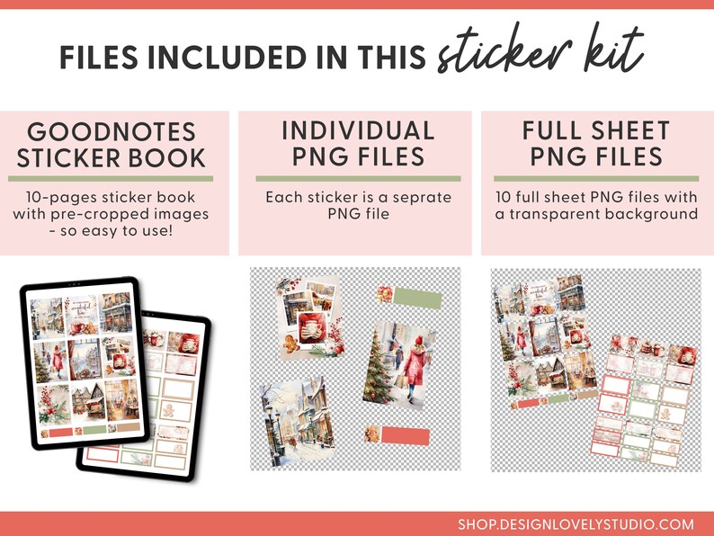 May include: Digital sticker kit with three file types: GoodNotes sticker book, individual PNG files, and full sheet PNG files. The sticker book includes 10 pages with pre-cropped images. The PNG files have transparent backgrounds. The image includes the text "FILES INCLUDED IN THIS sticker kit".