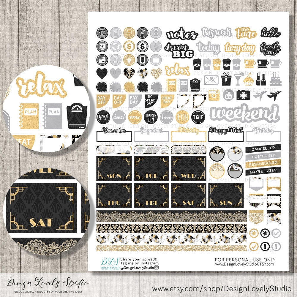 Black, White & Gold Glitter Planner Stickers  Organizer Planner Stick –  Sunshine Parties