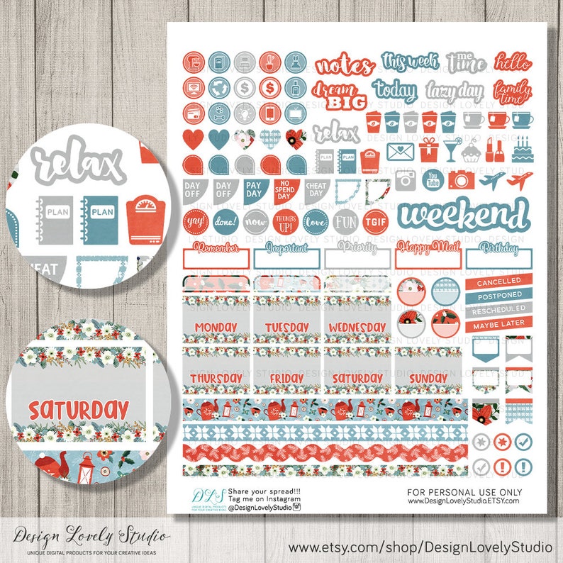 May include: A set of printable planner stickers with a floral and geometric design in shades of blue, red, and gray. The stickers include words like "relax", "weekend", "notes", "dream big", "this week", "today", "lazy day", "family time", "happy mail", "birthday", "cancelled", "postponed", "rescheduled", "maybe later", "monday", "tuesday", "wednesday", "thursday", "friday", "saturday", "sunday", "plan", "important", "priority", "you", "love", "fun", "tgif", "yay", "done", "now", "up", "cheat day", "pay day", "day off", "day off", "remember", "eat", and more.