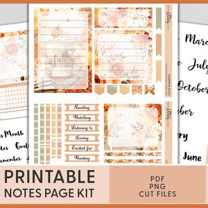 以下が含まれることがあります： 秋のテーマの印刷可能なノートページキット。キットには、月間カレンダー、ノートページ、目標ページ、リマインダーページ、やるべきことリスト、楽しみにしていることリストが含まれています。キットには、花柄、秋の葉、カボチャなど、さまざまな装飾要素も含まれています。