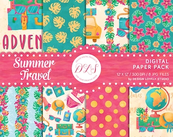 Papel digital de viaje, papel digital de vacaciones, papel de scrapbook digital de verano, papel digital de viaje, papel sin costuras de vacaciones de verano, DP129