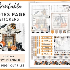 Può includere: Adesivi per planner di Halloween stampabili con un camino, zucche, un corvo nero e un orologio. Gli adesivi sono dimensionati per un planner di 17,8 cm x 22,9 cm e includono una varietà di design, tra cui una zucca "BOO", una zucca Jack Skellington e un design floreale. Gli adesivi sono disponibili in file PDF, PNG e di taglio.