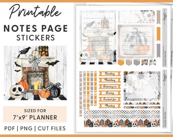 May include: Printable Halloween planner stickers featuring a fireplace with pumpkins, a black crow, and a clock. The stickers are sized for a 7" x 9" planner and include a variety of designs, including a "BOO" pumpkin, a Jack Skellington pumpkin, and a floral design. The stickers are available in PDF, PNG, and cut files.