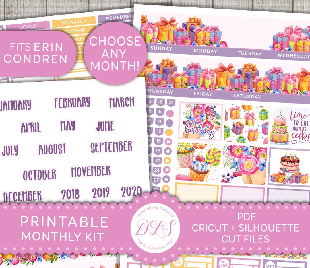 Birthday Monthly Planner Stickers Kit, Erin Condren Monthly Stickers ...