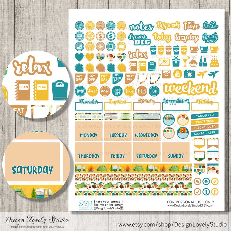 May include: A set of printable planner stickers with a camping theme. The stickers feature a variety of designs, including a camper van, a tent, a campfire, and a variety of other camping-related icons. The stickers are in a variety of colors, including yellow, brown, blue, and green. The stickers are perfect for adding a touch of fun and personality to your planner.