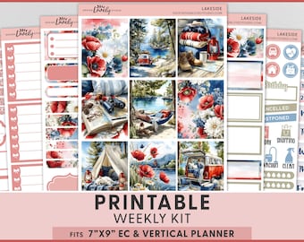 Lakeside Printable Planner Stickers for Erin Condren | Summer Camping Kit | Lake Life Road Trip | Patriotic July 4th Stickers, VS306
