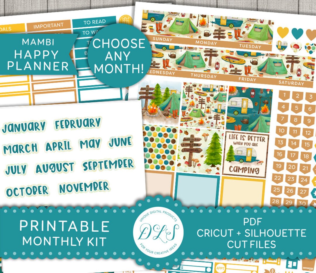 Printable Camping Planner Stickers, Printable HAPPY PLANNER Monthly Kit ...