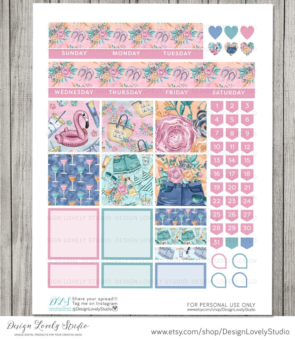 Big Happy Planner PRINTABLE Monthly Stickers, Summer Monthly Kit, Beach ...