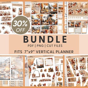 Könnte beinhalten: Ein Bundle von Planer-Stickern mit Herbstthema. Die Sticker zeigen florale Designs, Herbstszenen und den Text "Autumn". Das Bundle enthält PDF-, PNG- und Schnittdateien, passend für einen vertikalen Planer von 17,78 cm x 22,86 cm. Ein 30% Rabatt-Aufkleber ist sichtbar.