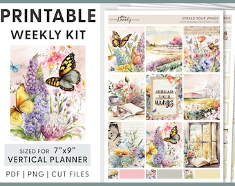 May include: Printable weekly planner kit with a floral and butterfly theme. The kit includes nine 7x9 inch vertical planner stickers with watercolor illustrations of butterflies, flowers, and a quote that says "Spread your wings".