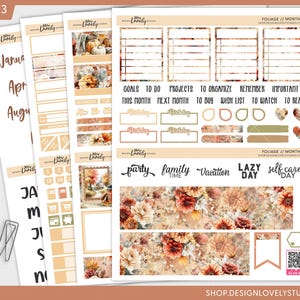 May include: A collection of planner stickers with a fall theme. The stickers feature floral designs in shades of orange, brown, and cream, along with functional elements like to-do lists and labels. The text includes "party", "family", and "vacation".