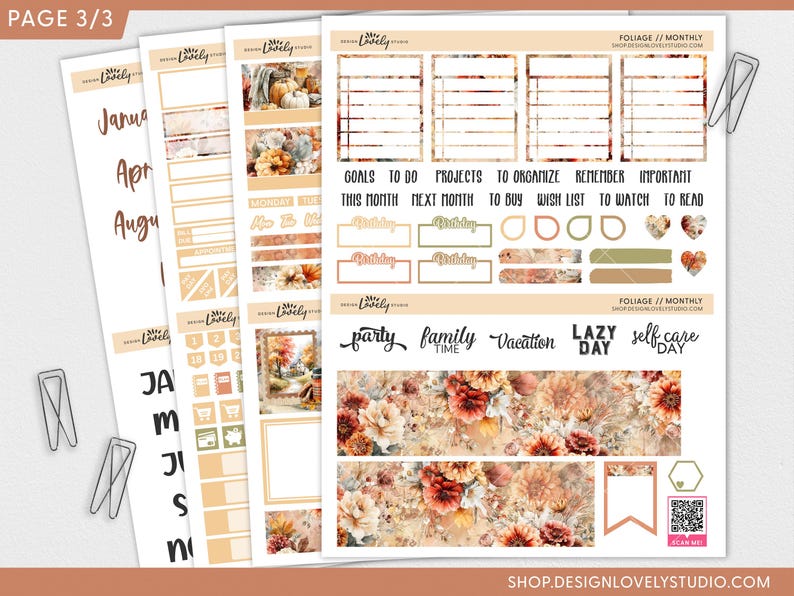 May include: A collection of planner stickers with a fall theme. The stickers feature floral designs in shades of orange, brown, and cream, along with functional elements like to-do lists and labels. The text includes "party", "family", and "vacation".