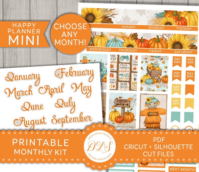 Fall Monthly Planner Stickers, MINI HAPPY PLANNER Printable Monthly Stickers Kit, November Monthly Stickers, September Monthly Kit, MM147 image 1