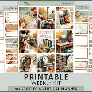 Peut inclure: Kit hebdomadaire imprimable sur le thème de l'automne. Le kit comprend divers autocollants et éléments décoratifs pour planificateur. Le design présente des illustrations de livres, d'une gare et d'un coin lecture douillet. Le texte sur l'image dit : "That's the thing about books - they're better when it rains."