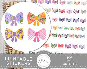 May include: Printable stickers featuring colorful bow designs. The bows have floral, gingham, and patterned details in various colors. The image also includes text that reads "Printable Stickers" and "PDF PNG Cut Files."