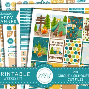 May include: Printable weekly planner stickers with a camping theme. The stickers feature a teal blue background with yellow, brown, and white accents. The stickers include images of a camper, a campfire, a tent, and a forest. The text "Life is better when you are camping" is featured on one of the stickers.