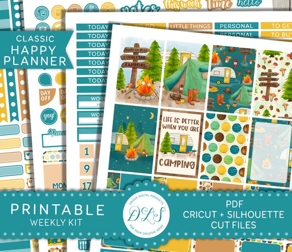 Happy Planner Camping Stickers, Camping Planner Printable, Camper Planner Stickers, Summer Travel Stickers Kit, Weekly Kit, Cutfile, HP149